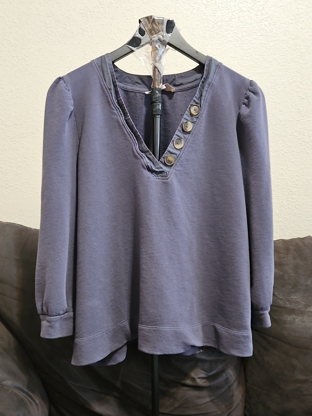 LOFT Indigo V-Neck Button-Trim Pullover Sweatshirt